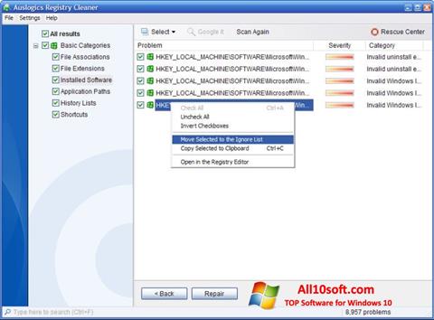 Ekran görüntüsü Auslogics Registry Cleaner Windows 10